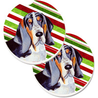"Caroline's Treasures Basset Hound Candy Cane Holiday Christmas Set of 2 Cup Holder Car Coasters LH9237CARC, 2.56, Multicolor"