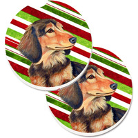 "Caroline's Treasures Dachshund Candy Cane Holiday Christmas Set of 2 Cup Holder Car Coasters LH9256CARC, 2.56, Multicolor"