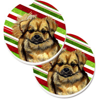 "Caroline's Treasures Tibetan Spaniel Candy Cane Holiday Christmas Set of 2 Cup Holder Car Coasters LH9259CARC, 2.56, Multicolor"