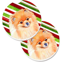 "Caroline's Treasures Pomeranian Candy Cane Holiday Christmas Set of 2 Cup Holder Car Coasters LH9260CARC, 2.56, Multicolor"