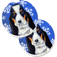 "Caroline's Treasures Basset Hound Winter Snowflakes Holiday Set of 2 Cup Holder Car Coasters LH9284CARC, 2.56, Multicolor"