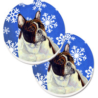 "Caroline's Treasures French Bulldog Winter Snowflakes Holiday Set of 2 Cup Holder Car Coasters LH9292CARC, 2.56, Multicolor"