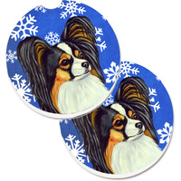 "Caroline's Treasures Papillon Winter Snowflakes Holiday Set of 2 Cup Holder Car Coasters LH9300CARC, 2.56, Multicolor"
