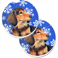 "Caroline's Treasures Dachshund Winter Snowflakes Holiday Set of 2 Cup Holder Car Coasters LH9301CARC, 2.56, Multicolor"