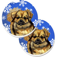 "Caroline's Treasures Tibetan Spaniel Winter Snowflakes Holiday Set of 2 Cup Holder Car Coasters LH9304CARC, 2.56, Multicolor"