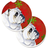 "Caroline's Treasures Bulldog English Red & green Snowflakes Holiday Christmas Set of 2 Cup Holder Car Coasters LH9319CARC, 2.56, Multicolor"