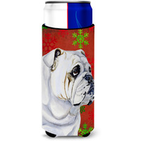 Bulldog English Red and Green Snowflakes Holiday Christmas Ultra Beverage Insulators for slim cans LH9319MUK