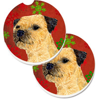 "Caroline's Treasures Border Terrier Red & green Snowflakes Holiday Christmas Set of 2 Cup Holder Car Coasters LH9323CARC, 2.56, Multicolor"