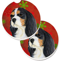 "Caroline's Treasures Cavalier Spaniel Red & green Snowflakes Holiday Christmas Set of 2 Cup Holder Car Coasters LH9324CARC, 2.56, Multicolor"