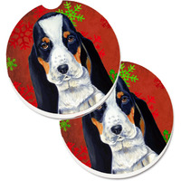 "Caroline's Treasures Basset Hound Red & green Snowflakes Holiday Christmas Set of 2 Cup Holder Car Coasters LH9329CARC, 2.56, Multicolor"