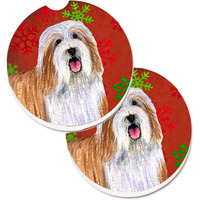 "Caroline's Treasures Bearded Collie Red & green Snowflakes Holiday Christmas Set of 2 Cup Holder Car Coasters LH9330CARC, 2.56, Multicolor"