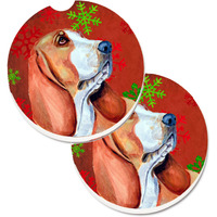 "Caroline's Treasures Basset Hound Red & green Snowflakes Holiday Christmas Set of 2 Cup Holder Car Coasters LH9332CARC, 2.56, Multicolor"