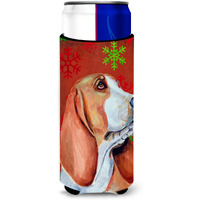 Basset Hound Red and Green Snowflakes Holiday Christmas Ultra Beverage Insulators for slim cans LH9332MUK