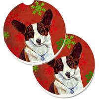 "Caroline's Treasures Corgi Red & green Snowflakes Holiday Christmas Set of 2 Cup Holder Car Coasters LH9333CARC, 2.56, Multicolor"