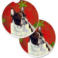 "Caroline's Treasures French Bulldog Red & green Snowflakes Holiday Christmas Set of 2 Cup Holder Car Coasters LH9337CARC, 2.56, Multicolor"