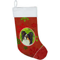 "Caroline's Treasures Papillon Red and Green Snowflakes Holiday Christmas Stocking, 11 x 18"", Multicolor"