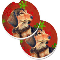"Caroline's Treasures Dachshund Red & green Snowflakes Holiday Christmas Set of 2 Cup Holder Car Coasters LH9346CARC, 2.56, Multicolor"