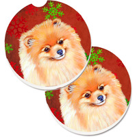 "Caroline's Treasures Pomeranian Red & green Snowflakes Holiday Christmas Set of 2 Cup Holder Car Coasters LH9350CARC, 2.56, Multicolor"