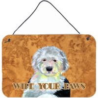 "Caroline's Treasures Old English Sheepdog Wipe Your Paws Aluminum Metal Wall or Door Hanging Prints, 8 x 12"""