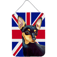 "Caroline's Treasures LH9487DS1216 Min Pin with English Union Jack British Flag Wall or Door Hanging Prints, 16"" x 12"""