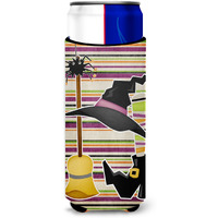 Witch Costume and Broom on Stripes Halloween Ultra Beverage Insulators for slim cans SB3010MUK