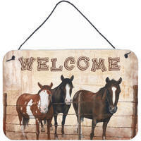 "Caroline's Treasures Welcome Mat with Horses Aluminum Metal Wall or Door Hanging Prints, 8 x 12"""