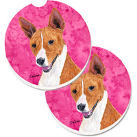 "Caroline's Treasures Pink Basenji Set of 2 Cup Holder Car Coasters SC9124PKCARC, 2.56, Multicolor"