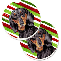 "Caroline's Treasures Dachshund Candy Cane Holiday Christmas Set of 2 Cup Holder Car Coasters SC9323CARC, 2.56, Multicolor"