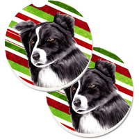 "Caroline's Treasures Border Collie Candy Cane Holiday Christmas Set of 2 Cup Holder Car Coasters SC9327CARC, 2.56, Multicolor"