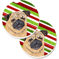 "Caroline's Treasures Pug Candy Cane Holiday Christmas Set of 2 Cup Holder Car Coasters SC9331CARC, 2.56, Multicolor"