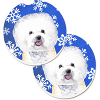 "Caroline's Treasures Bichon Frise Winter Snowflakes Holiday Set of 2 Cup Holder Car Coasters SC9362CARC, 2.56, Multicolor"