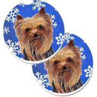"Caroline's Treasures Yorkie Winter Snowflakes Holiday Set of 2 Cup Holder Car Coasters SC9365CARC, 2.56, Multicolor"