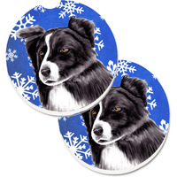 "Caroline's Treasures Border Collie Winter Snowflakes Holiday Set of 2 Cup Holder Car Coasters SC9367CARC, 2.56, Multicolor"