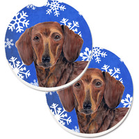 "Caroline's Treasures Dachshund Winter Snowflakes Holiday Set of 2 Cup Holder Car Coasters SC9368CARC, 2.56, Multicolor"