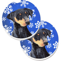 "Caroline's Treasures Doberman Winter Snowflakes Holiday Set of 2 Cup Holder Car Coasters SC9377CARC, 2.56, Multicolor"