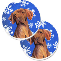 "Caroline's Treasures Vizsla Winter Snowflakes Holiday Set of 2 Cup Holder Car Coasters SC9378CARC, 2.56, Multicolor"