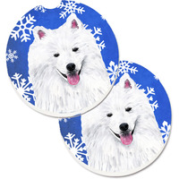 "Caroline's Treasures American Eskimo Winter Snowflakes Holiday Set of 2 Cup Holder Car Coasters SC9379CARC, 2.56, Multicolor"