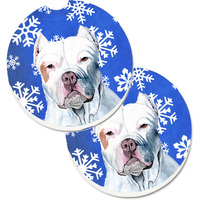"Caroline's Treasures Pit Bull Winter Snowflakes Holiday Set of 2 Cup Holder Car Coasters SC9381CARC, 2.56, Multicolor"