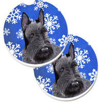 "Caroline's Treasures Scottish Terrier Winter Snowflakes Holiday Set of 2 Cup Holder Car Coasters SC9386CARC, 2.56, Multicolor"