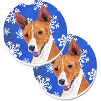 "Caroline's Treasures Basenji Winter Snowflakes Holiday Set of 2 Cup Holder Car Coasters SC9387CARC, 2.56, Multicolor"