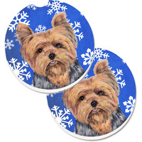 "Caroline's Treasures Yorkie Winter Snowflakes Holiday Set of 2 Cup Holder Car Coasters SC9388CARC, 2.56, Multicolor"