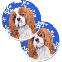 "Caroline's Treasures Cavalier Spaniel Winter Snowflakes Holiday Set of 2 Cup Holder Car Coasters SC9394CARC, 2.56, Multicolor"