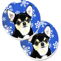 "Caroline's Treasures Chihuahua Winter Snowflakes Holiday Set of 2 Cup Holder Car Coasters SC9399CARC, 2.56, Multicolor"