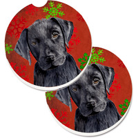 "Caroline's Treasures Labrador Red & green Snowflakes Holiday Christmas Set of 2 Cup Holder Car Coasters SC9404CARC, 2.56, Multicolor"