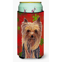Yorkie Red and Green Snowflakes Holiday Christmas  Tall Boy Beverage Insulator Beverage Insulator Hugger