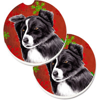 "Caroline's Treasures Border Collie Red & green Snowflakes Holiday Christmas Set of 2 Cup Holder Car Coasters SC9407CARC, 2.56, Multicolor"