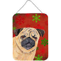 "Caroline's Treasures Pug Red and Green Snowflakes Holiday Christmas Metal Wall Door Hanging Prints, 16"" x 12"", Multicolor"