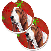 "Caroline's Treasures Basset Hound Red & green Snowflakes Holiday Christmas Set of 2 Cup Holder Car Coasters SC9412CARC, 2.56, Multicolor"