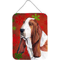 "Caroline's Treasures Basset Hound Red Green Snowflakes Holiday Christmas Wall or Door Hanging Prints, 16"" x 12"", Multicolor"