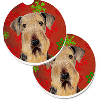 "Caroline's Treasures Airedale Red & green Snowflakes Holiday Christmas Set of 2 Cup Holder Car Coasters SC9413CARC, 2.56, Multicolor"